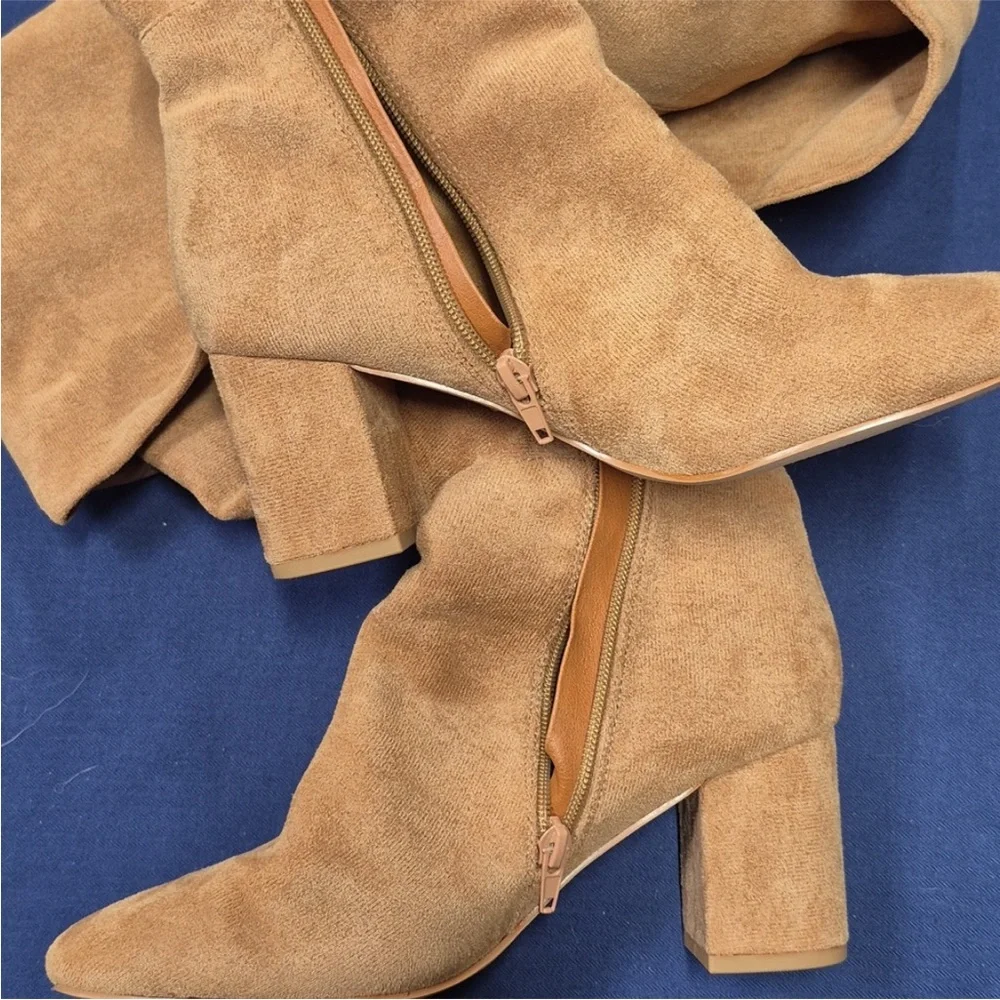 Putu Boots Block Heel Over the Knee Faux Suede Tall Tan Light Brown Size 8.5 - Picture 7 of 11